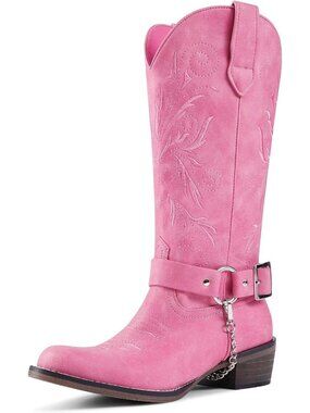 Women's Pink Cowboy Boots Embroidered Mid Calf Removable Belt Low Block Heel